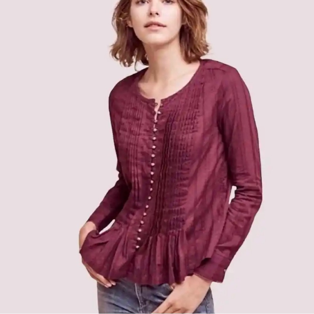 Anthropologie Burgundy Button-Front Blouse